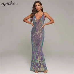 Gratis Kvinnor Lila Runway Bodycon Long Dress Sexy Spaghetti Strap V-Neck Sequin Club Evening Party 210524