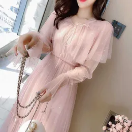 Elegant Pink Sequin Dress Midi Mesh Women Long Sleeve Fairy Spring Korean Wedding Party Clothing Ladies Y2k 210604