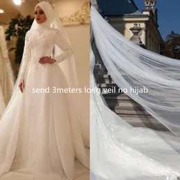 Ivory Muslim Hijab Wedding Dresses Gown With Overskirt Pearls Beaded Lace Appliques Long Arabic Dubai Islamic Wedding Gowns Custom211G