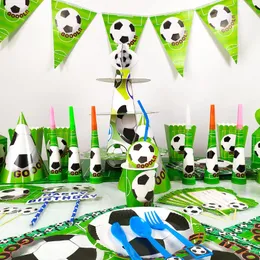 Engångs servis grön fotboll Happy Birthday Kids Party Decoration Table Pappersplatta Cup Flag Baby Boy Dusch Supplies