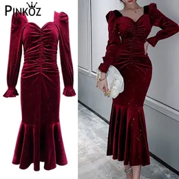 Vintage röd jul födelsedag sjöjungfru fest klänning kvinnor höst vinter sammet ruched glitter klänningar Vestido de Mulher Za 210421