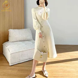 HMA 2021 Yeni Sonbahar Kış Yumuşak Kazak Elbise kadın Sıcak Chic Puf Uzun Kollu Örgü Elbise Kadın Günlük Elbise Vestidos G1214