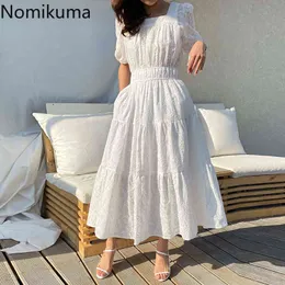 Nomikuma Koreanische Chic Schlanke Taille Frau Kleid Puff Kurzarm Quadrat Kragen Kleider Mode Elegante A-linie Vestidos Femme 6G343 210427