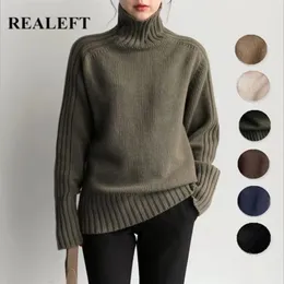 REALEFT Elegant Autumn Winter Oversized Women Sweater Solid Loose Turtleneck Knitted Sweaters Long Sleeve Pullover Female 211103