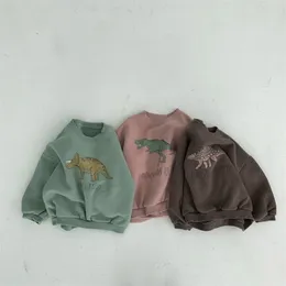 Spring Autumn Baby Girls Boys Sweater Shirt With Fleece Warm Long Sleeve Tops Kids Clothing Dinosaur Print Hoodies 211110