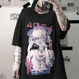 Gothic T-shirt Kvinnor Oversized Harajuku Vintage Top Kvinna Sommar Alt Kläder Estetisk Mingliusili Anime Print Tee Shirt 210623