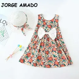 Sommar barn flickor klänning röd väst ärmlös daisy båge sundress med keps för 1-5 år barn outfits e49 210610