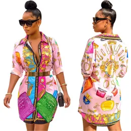 Womens Digital Printing Blouses Dresses Fashion Trend Long Sleeve Cardigan Buttons Short Skirts Designer Female Summer Casual Loose Shirt Dress J2136