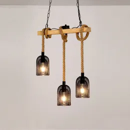 3 heads retro industrial chandelier wood pendant lamp iron hemp rope hanging restaurant dining room cafe bar lighting