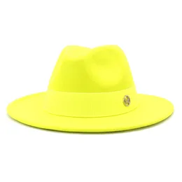 2022 Solid Färg Woolen Top Hat Kvinnor Män Breda Brim Party Fedora Hattar med M Ribbon Goth Top Vintage Bröllop Jazz Felt hatt