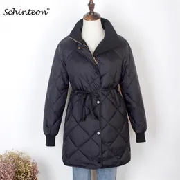 Schinteon Kvinnor Down Jacket Diamond 90% Vit Duck Down Coat Slim Winter Warm Outwear With Belt Fashion 210819