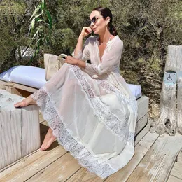 Blusa de chiffon Lace Salia longa vestido sexy solto fora da beira -mar de férias de férias de biquíni na praia para mulheres roupas de banho femininas