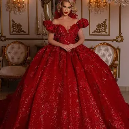 Off The Ramię Czerwone Suknie Ślubne Vintage Suknia Balowa Cekinowa Suknia Ślubna Koronkowe Aplikacje Plus Size Vestido de Novia