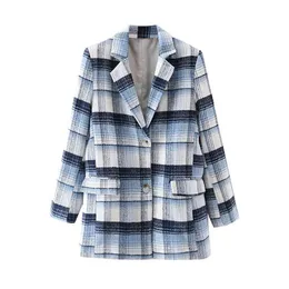 Damska Retro Blue Plaid Woolen Suit Kurtka Długi Rękaw Single-Breasted Pocket Spring and Autumn Style 210521