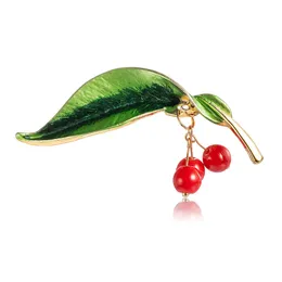 Small Fresh Cherry Blossom Green Leaf Fruit Brooches for Women Enamel Brooch Pins Jewelry Accessories