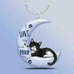 Exquisite Blue Moon Cat Pendant Necklace for Women Cute Crescent Pendant Necklace Wedding Engagement Jewelry Gift for Daughter G1206