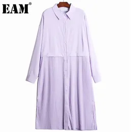[EAM] Women Yellow Spliced Pleated Mid-Calf Shirt Dress Lapel Long Sleeve Loose Fit Fashion Spring Autumn 1DD8235 210512