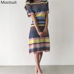 Summer Color-blocked Striped Korean Knitted Two Piece Sets Outfits Women Short Sleeve Tops + High Waist Pleated Skirt Suits 210513