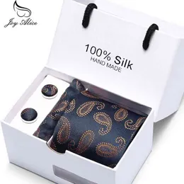 Joy Alice Wedding men neck ties gift box packing men brand luxury necktie pocket square silk tie set cufflinks handkerchief Y1229