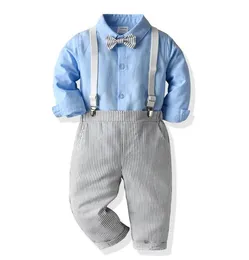 Klädsuppsättningar 2021 Småbarn Striped Overaller Pojke Kläder Vår sommar Gentlemen Party Shirt Pants Outfits Evening Formell Suit