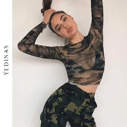 Yedinas Avrupa Kamuflaj Kırpılmış Uzun Kollu T Shirt Kadınlar Seksi Ince Mesh See smitransparent Streetwear 210527