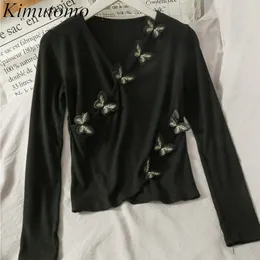Kimutomo Sweet Girls T-shirts Vår Höst Kvinna V-hals tredimensionell fjäril Korsning Korta Toppar Korea Chic 210521