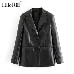 Women Streetwear Black PU Faux Leather Blazer Coat Notched Collar Single Breasted Jacket Long Sleeve Outerwear Tops 210508