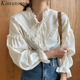 Kimutomo White Shirt Korean Loose French Retro Lace Bow Stand Collar Long Sleeve Single Breasted Elegant Blouse Girl Spring 210521