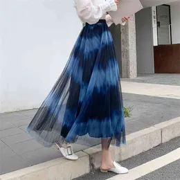 Mesh Elastic Waist Tutu Skirt Gradient Color Fashion Pleated Midi Summer A-Line High Long Gauze Saia Mujer 210601