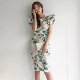 blomma korea klänning för kvinnor sommar ruffle kort ärm crew neck linne sexig sundress mode damer bodycon klänningar 210602