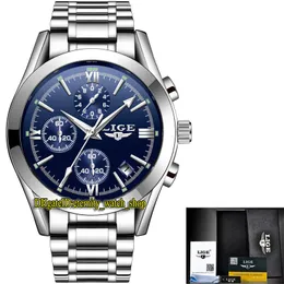 LIGE eternity LG9839 Sport Mens Watches Date Blue Dial Silver pointer Japan VK Quartz Chronograph Movement Men Watch Alloy Case Silvery Bracelet