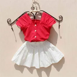 女の子のブラウス夏の子供服の10代の学校トップス綿の綿実12年のための赤いシャツの服かわいい子供ブラウス210622