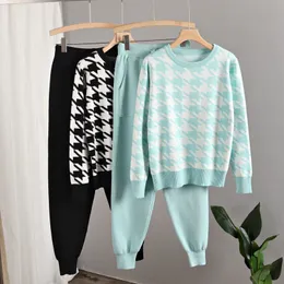 Autumn Winter Houndstooth Tracksuit Knitted Two Piece Set Women Plaid Thick Pullover Sweater + Pocket Harem Trousers Pants Suit