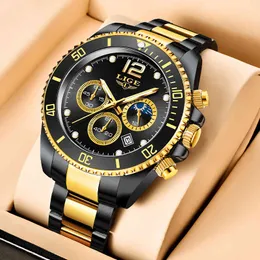 LIGE Moda Czarny Złoty Zegar Top Marka Luksusowy Ze Stali Nierdzewnej Wodoodporne Zegarek Kwarcowy Mężczyźni Sport Chronograph Wrist Watch Man Q0524