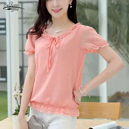 Летние корейские свободные сплошные цветные рубашки для женщин топы повседневный плюс размер с коротким рукавом шифоновая блузка Blusas Mujer 9527 210508