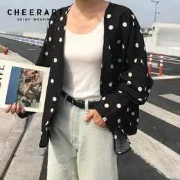 Polka dot blus kvinnor svart kimono cardigan koreanska linne topp kläder femme hösten 210427