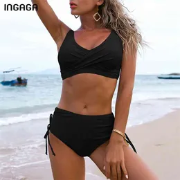 Ingaga Push up Bikini Mayo kadın Mayolar Seksi Biquini Yüksek Bel Mayo Siyah Beachwear İpli Seti 210621