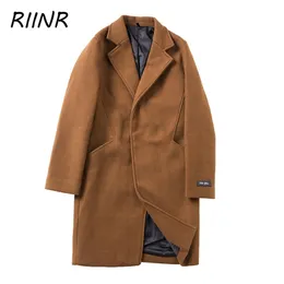 RIINR Zima średniej długości wełniane płaszcze męskie koreańskie styl Slim Fit Plus Size Casual Kurtki Męskie Topy Wełna Mieszanka Coats Male 211122
