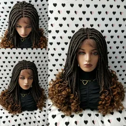 Handmade 14inch Box Braids Braided Lace Front Wig With Curly Ends Ombre Brown Color Short Braiding Hair Synthetic Wigs for Black Women