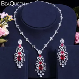 Beaqueen lindo nupcial jóias de casamento vermelho zirconia cúbica pavimentada ajustando grandes brincos pendentes longos conjuntos de colar JS009 H1022