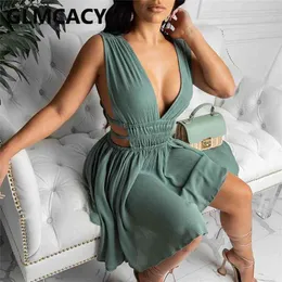 Mulheres sexy sem mangas mergulhar em v-pescoço em v vestido casual ruched 210623