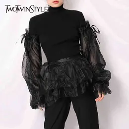 Patchwork Mesh Sweater For Women Turtleneck Puff Sleeve Casual Black Pullovers Female Fall Fashion 210524