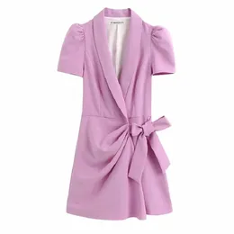 Kvinnor Chic Elegant Office Wear Blazer-Style Playsuit Vintage Kvinna Lila Crossover V Neck Puff Sleeve Bow Tied Jumpsuit 210520
