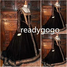 Victorian Gothic Civil War Southern Evening Dresses Black Gold applique Long Sleeve Velvet Halloween Theater Edwardian Prom Gown