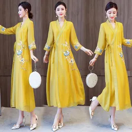 Letnia Chińska Odzież Etniczna Tradycyjne Cheongsam Ao Dai Wietnam 3/4 Rękaw Kobiety Elegancka Sukienka Haftowana Długa Suknia Kostium Azja