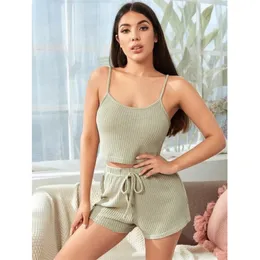 New Pajamas Set Waffle Design Very Soft Home Leisure Wear Clothes Solid Color Sling Top Shorts Sexy Summer Sleepwear Nightwear X0526