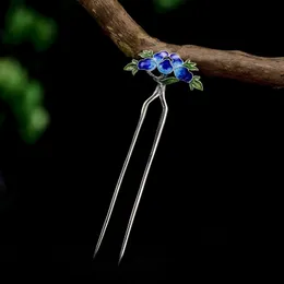 925 Sterling Silver Fork Comb Cloisonne Emalj Smycken Blå Blomma Pin Kinesisk Lyx Hårtillbehör Hanfu Kvinnor