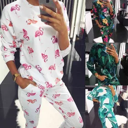 Jesień Zima Kwiatowy Flamingo Drukuj 2 Sztuka Zestaw Kobiety Sportwear O Neck Długi Rękaw Dreset Dressuit Multicolor Kostiumy żeńskie 210507