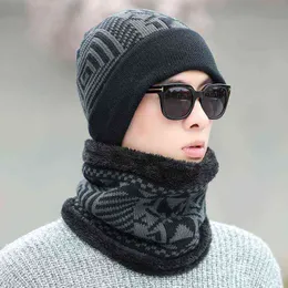 Neck Warmer Knitted Hat Scarf Set Fur Wool Lining Thick Warm Knit Beanies Balaclava Winter Hat For Men Women Cap Skullies Bonnet Y21111