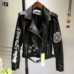 LY VAREY LIN Women Biker Jackets Faux Leather Print Coats Black Rivet Motorcycle Jacket Streetwear Zipper UP Epaulet Outwear 210526